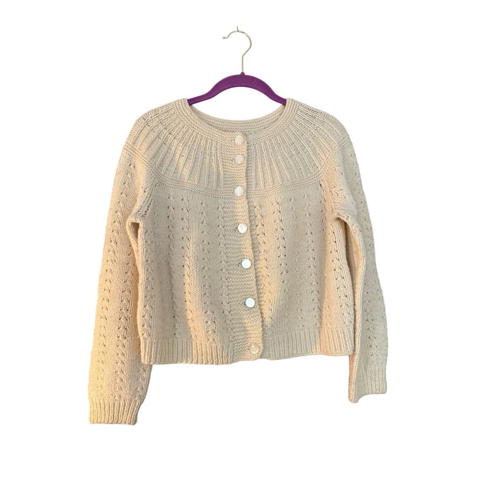 Cream Thick Knit Cropped Cardigan Sweater Hand Knit Button Front Cottage Fairy